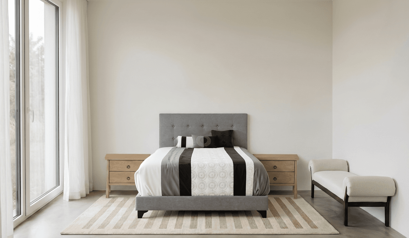 Minimalistic bedroom staged with real, shoppable furniture by Palazzo