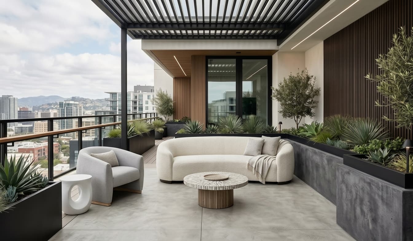 Modern balcony staged with real, shoppable furniture by Palazzo