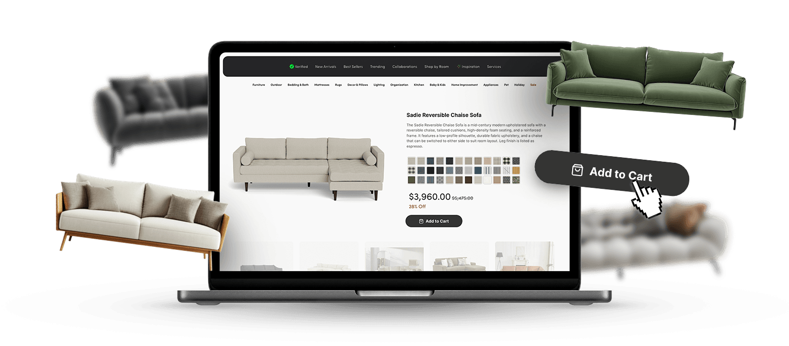 Shopper browsing living rooms, saving pieces they like