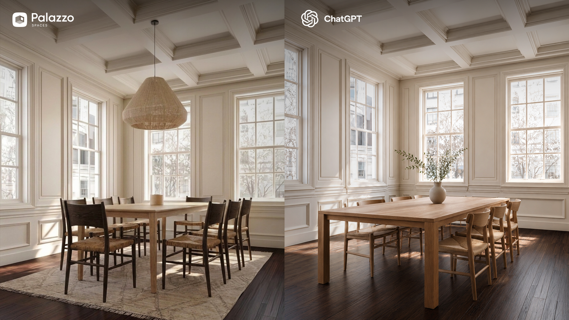 Palazzo Spaces vs ChatGPT virtual staging side by side comparison — same empty room as input
