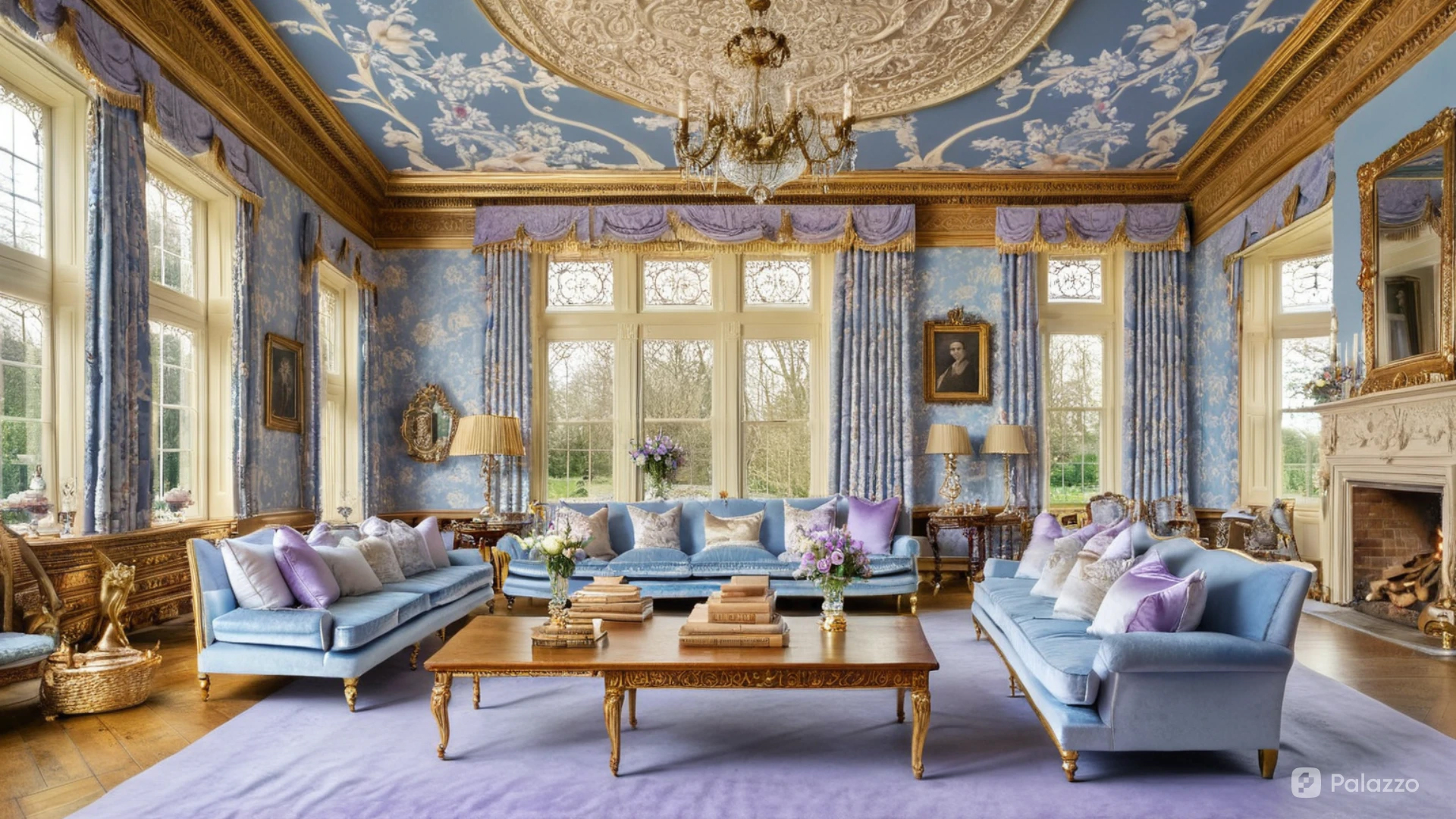 Violet Bridgerton's drawing room with soft blues and floral accents
