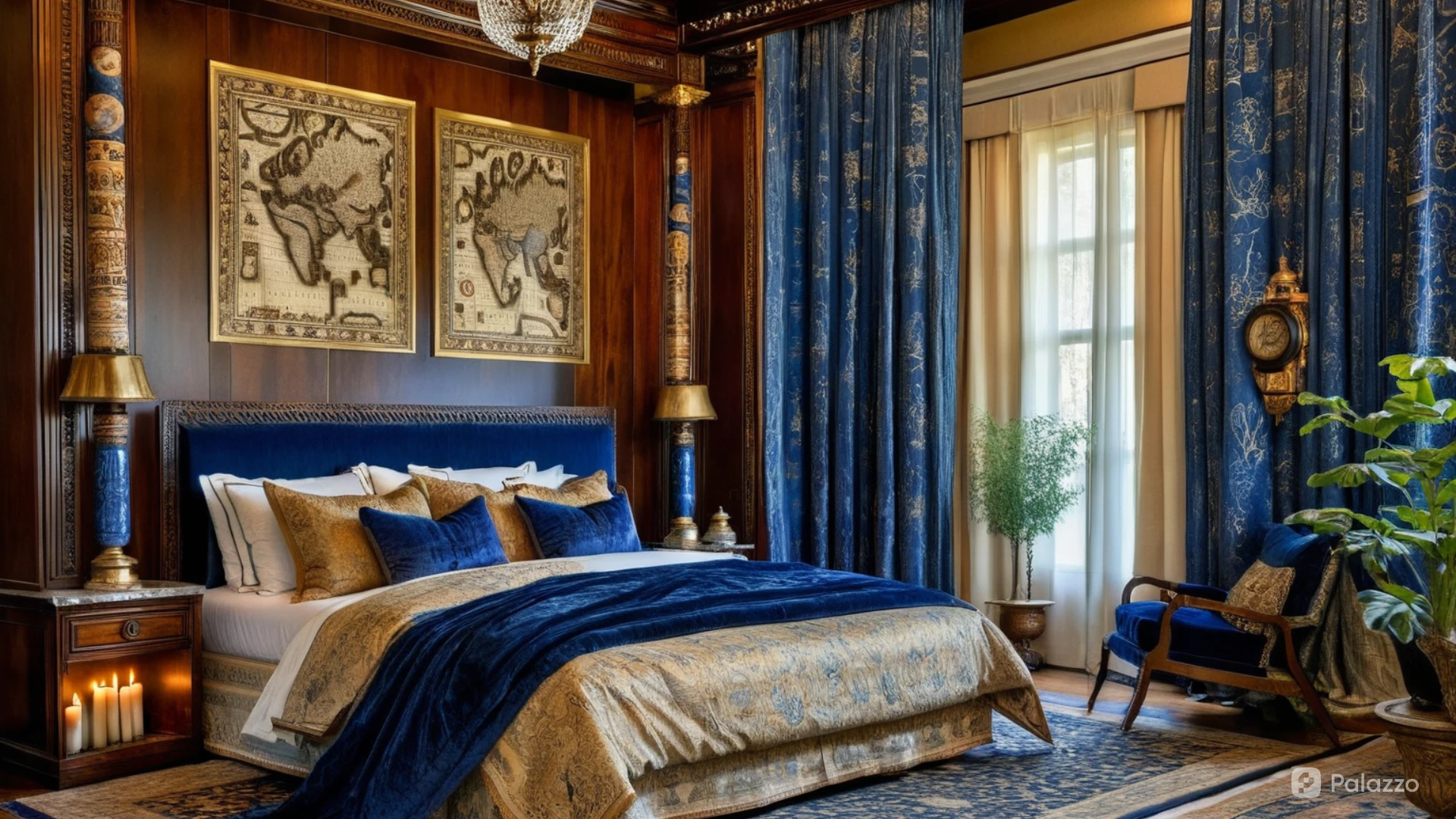 Colin Bridgerton's bedroom with rich navy velvet and intricate woodwork