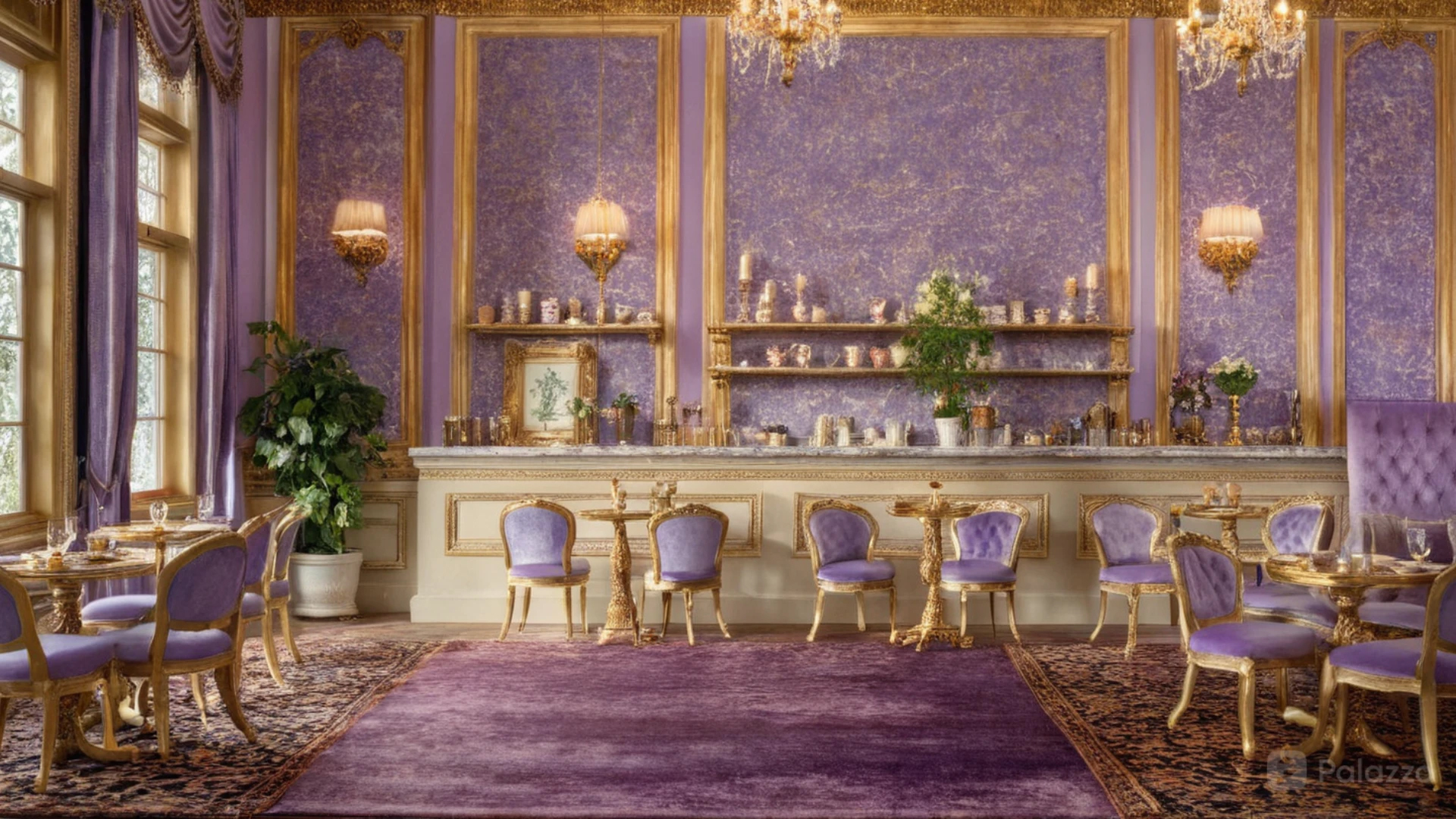 Lady Danbury's Regency-era tea parlour with rich purples and greenery