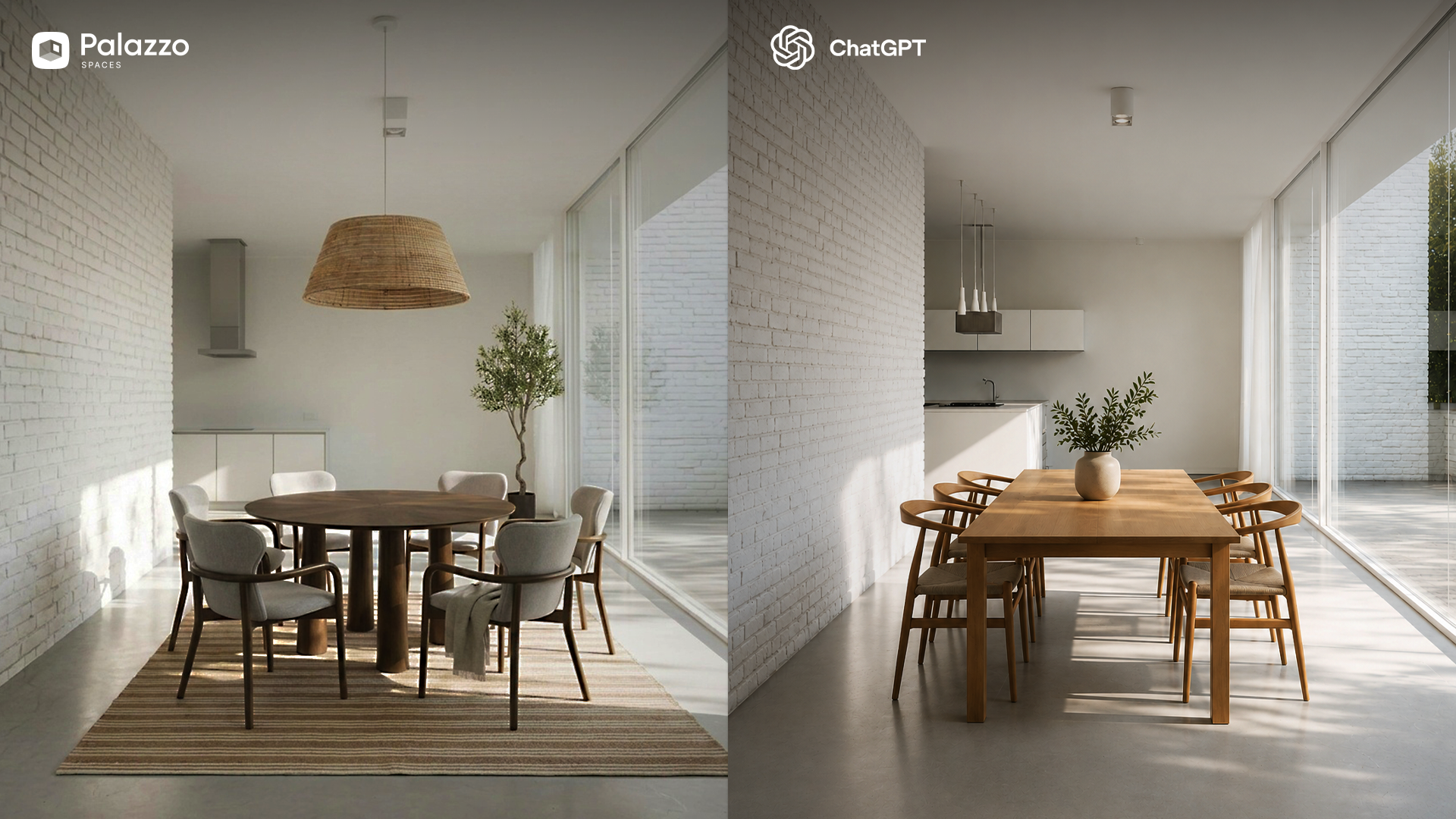 Palazzo Spaces vs ChatGPT virtual staging side by side comparison — same empty room as input