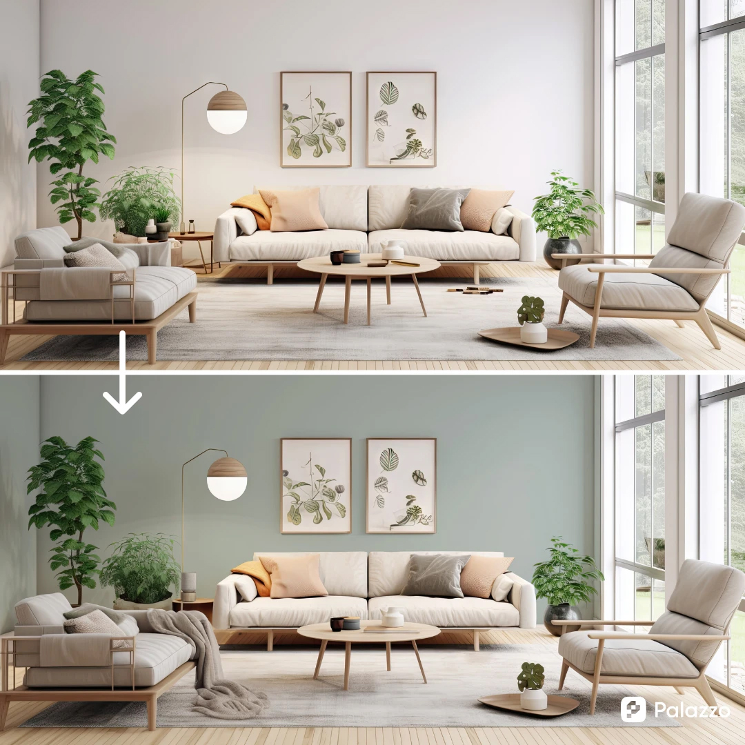 A living room repainted in the 2025 Color of the Year, Quietude (HGSW6212), using Palazzo