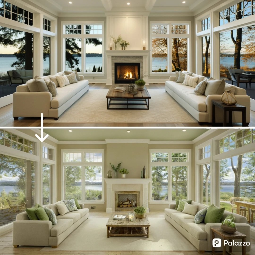 A contemporary living room reimagined in an organic modern style using Palazzo