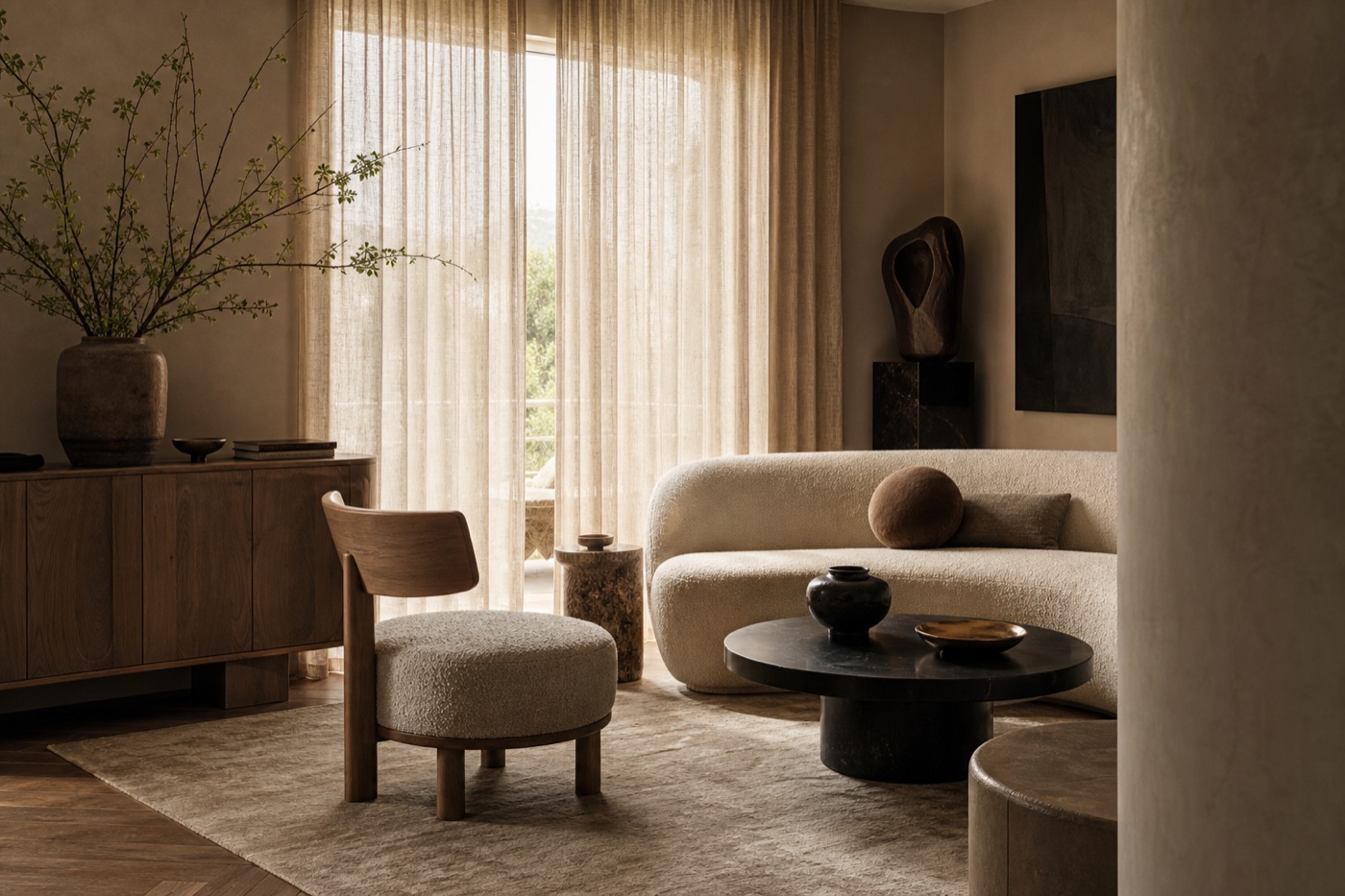 A warm modern living room in muted, earthy tones